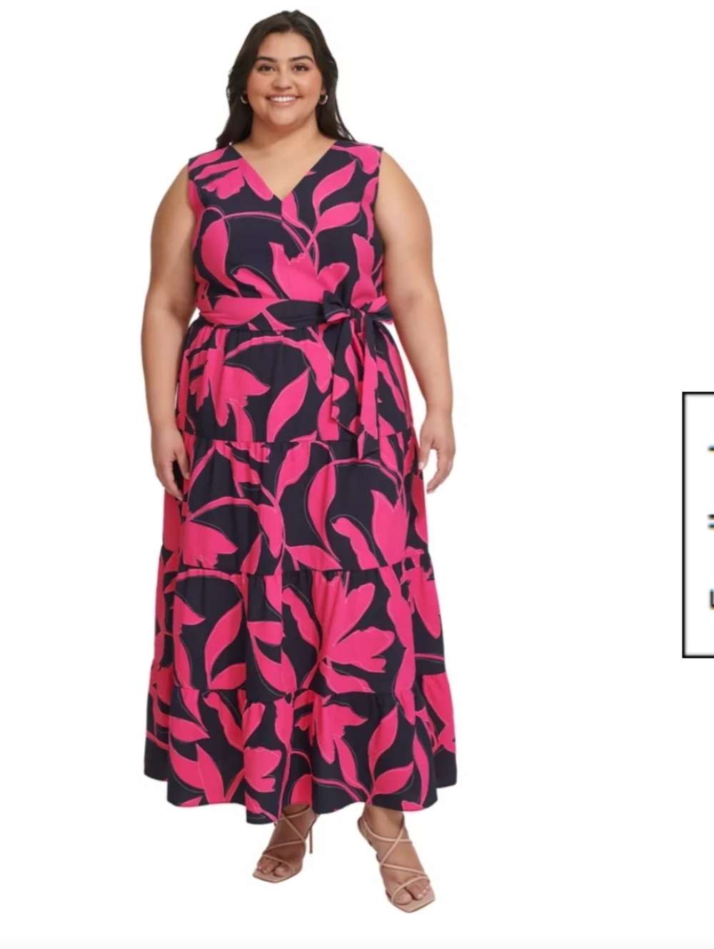 DKNY Women’s Size 10 Floral Wrap Dress Pink Black Sleeveless Midi Belted V Neck
